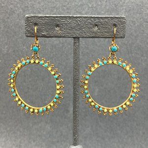 Dangle Pierced Earrings Gold Turquoise Blue Green Hoop Latch Hook Soft Girl BoHo